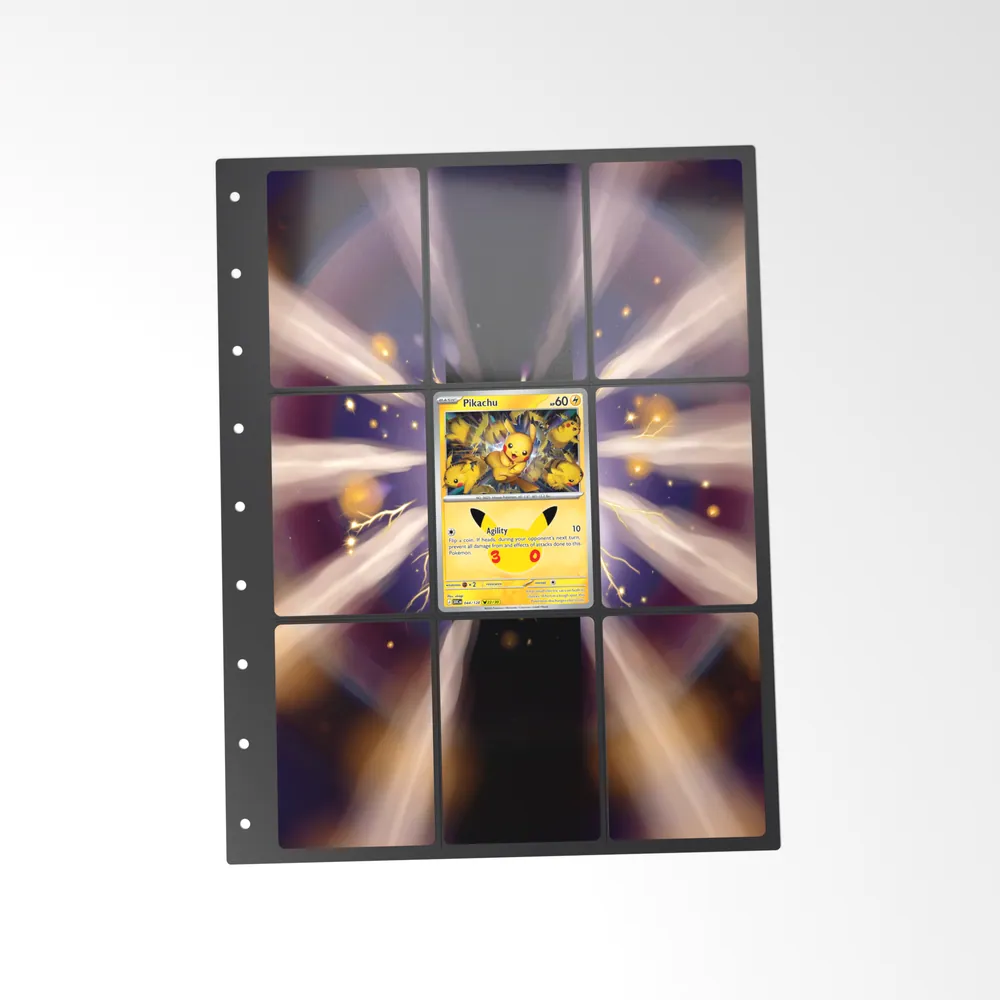 The printed Pikachu 44/128 set in a 9-pocket binder page, with the card in the centre pocket