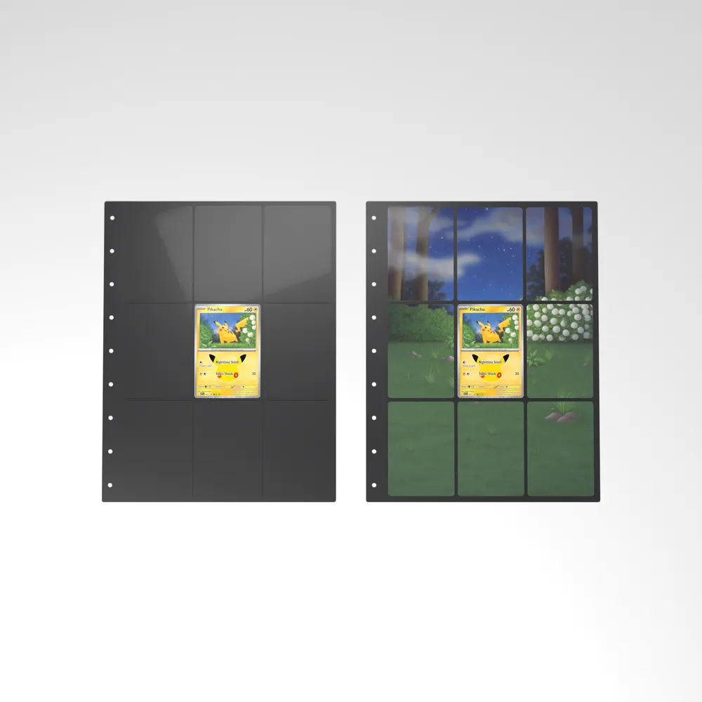 Before and after: the Pikachu card alone in an empty binder page, then surrounded by its eight extended-art cards