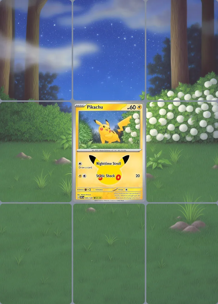 Pikachu 45/128 extended binder art: the card in the centre of a 3×3 binder page, its artwork continuing across the eight cards around it