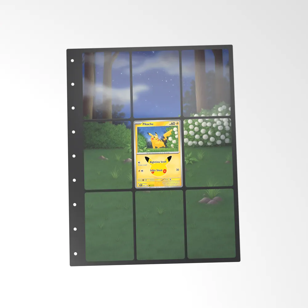 The printed Pikachu 45/128 set in a 9-pocket binder page, with the card in the centre pocket