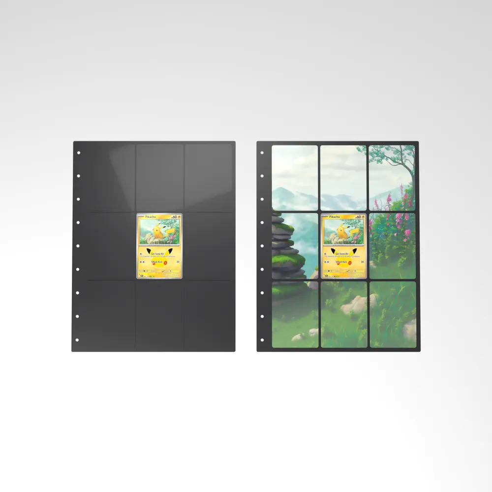 Before and after: the Pikachu card alone in an empty binder page, then surrounded by its eight extended-art cards