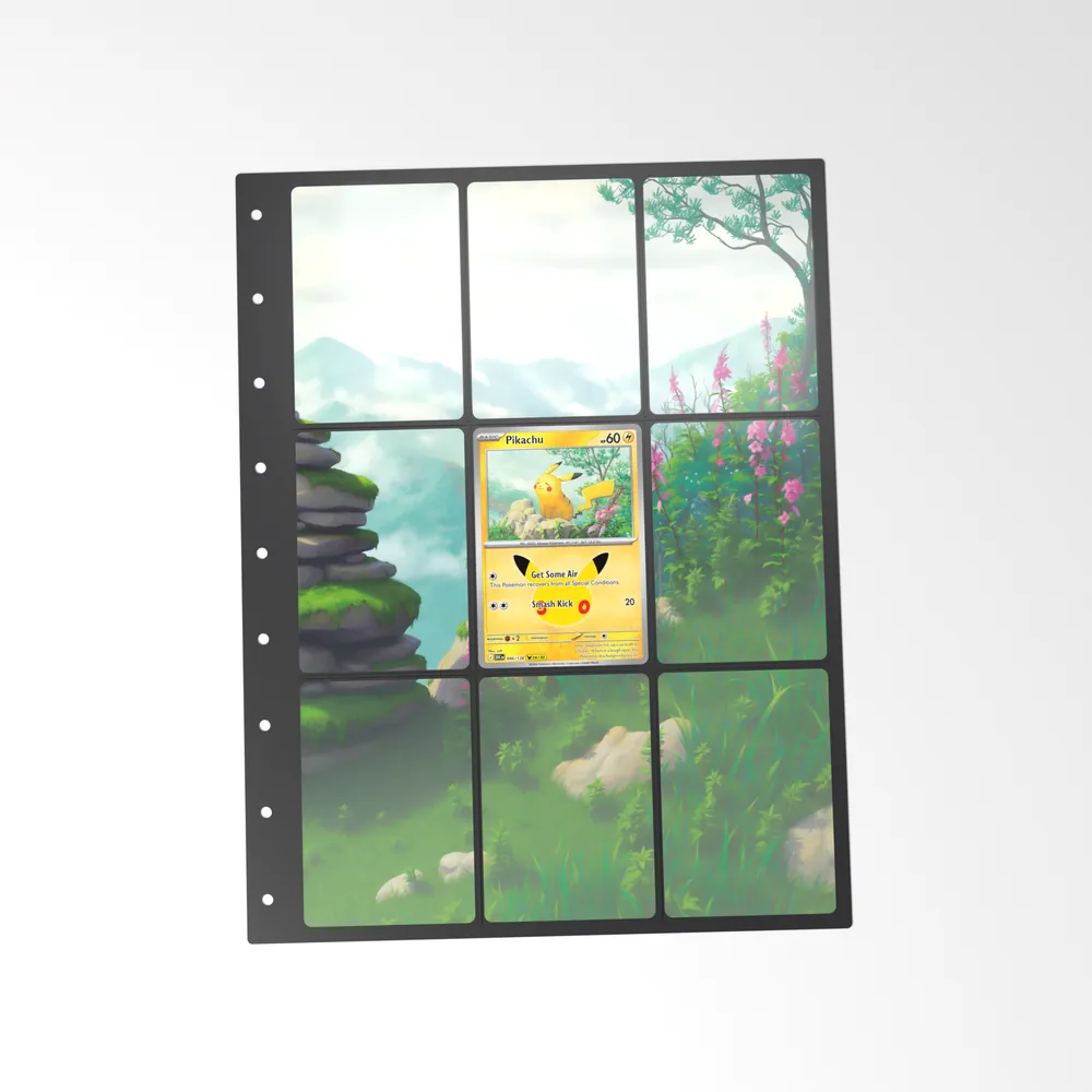 The printed Pikachu 46/128 set in a 9-pocket binder page, with the card in the centre pocket