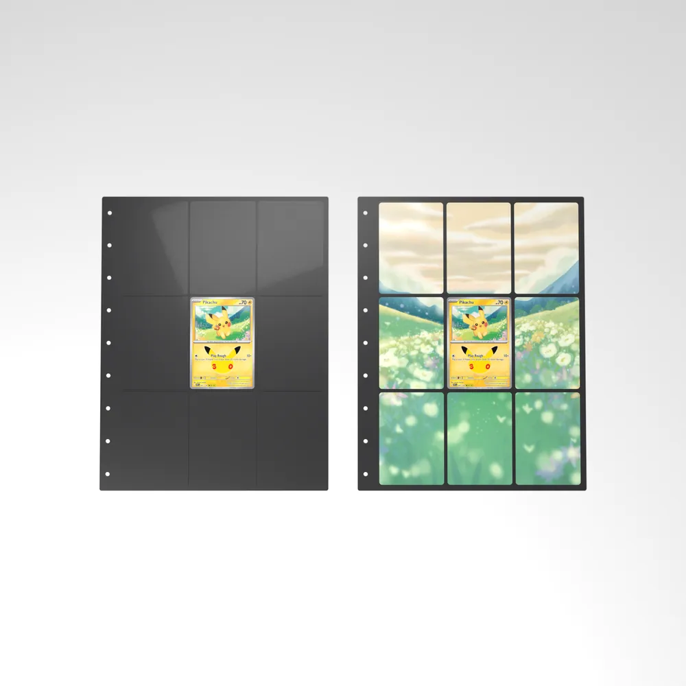 Before and after: the Pikachu card alone in an empty binder page, then surrounded by its eight extended-art cards