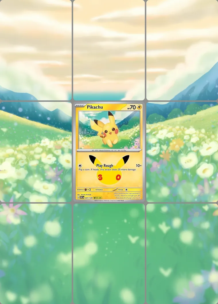 Pikachu 47/128 extended binder art: the card in the centre of a 3×3 binder page, its artwork continuing across the eight cards around it
