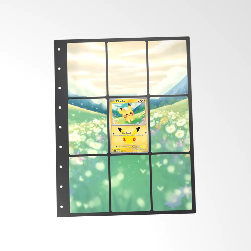 The printed Pikachu 47/128 set in a 9-pocket binder page, with the card in the centre pocket