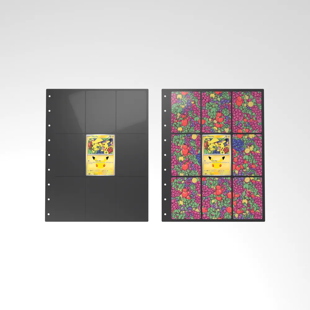 Before and after: the Pikachu card alone in an empty binder page, then surrounded by its eight extended-art cards