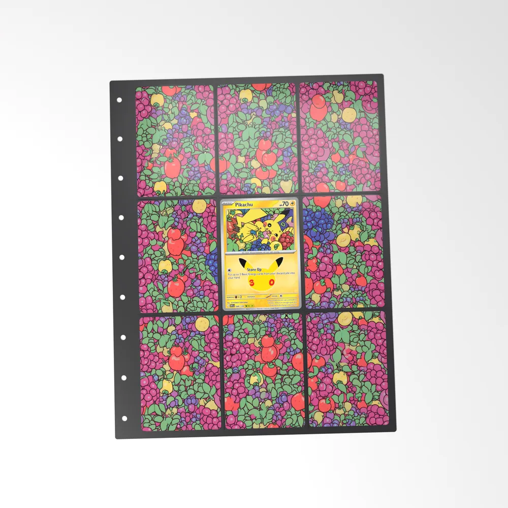 The printed Pikachu 48/128 set in a 9-pocket binder page, with the card in the centre pocket