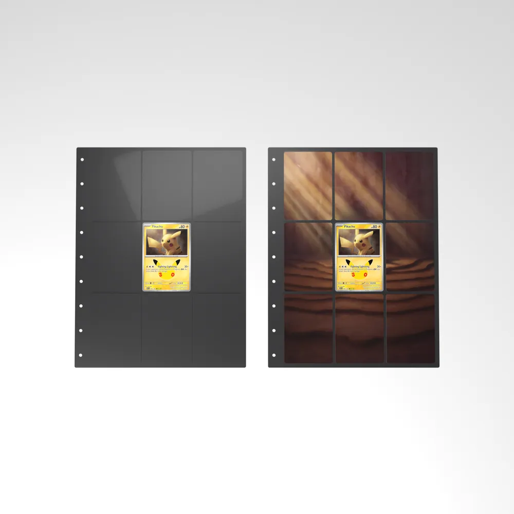 Before and after: the Pikachu card alone in an empty binder page, then surrounded by its eight extended-art cards