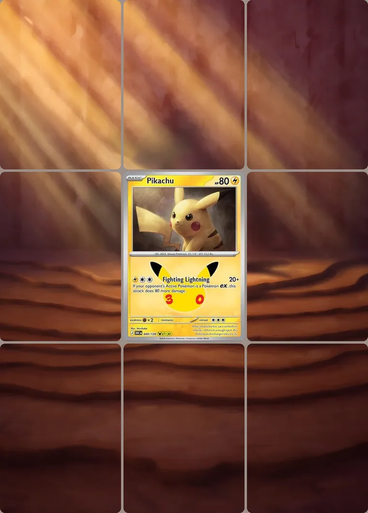 Pikachu 49/128 extended binder art: the card in the centre of a 3×3 binder page, its artwork continuing across the eight cards around it