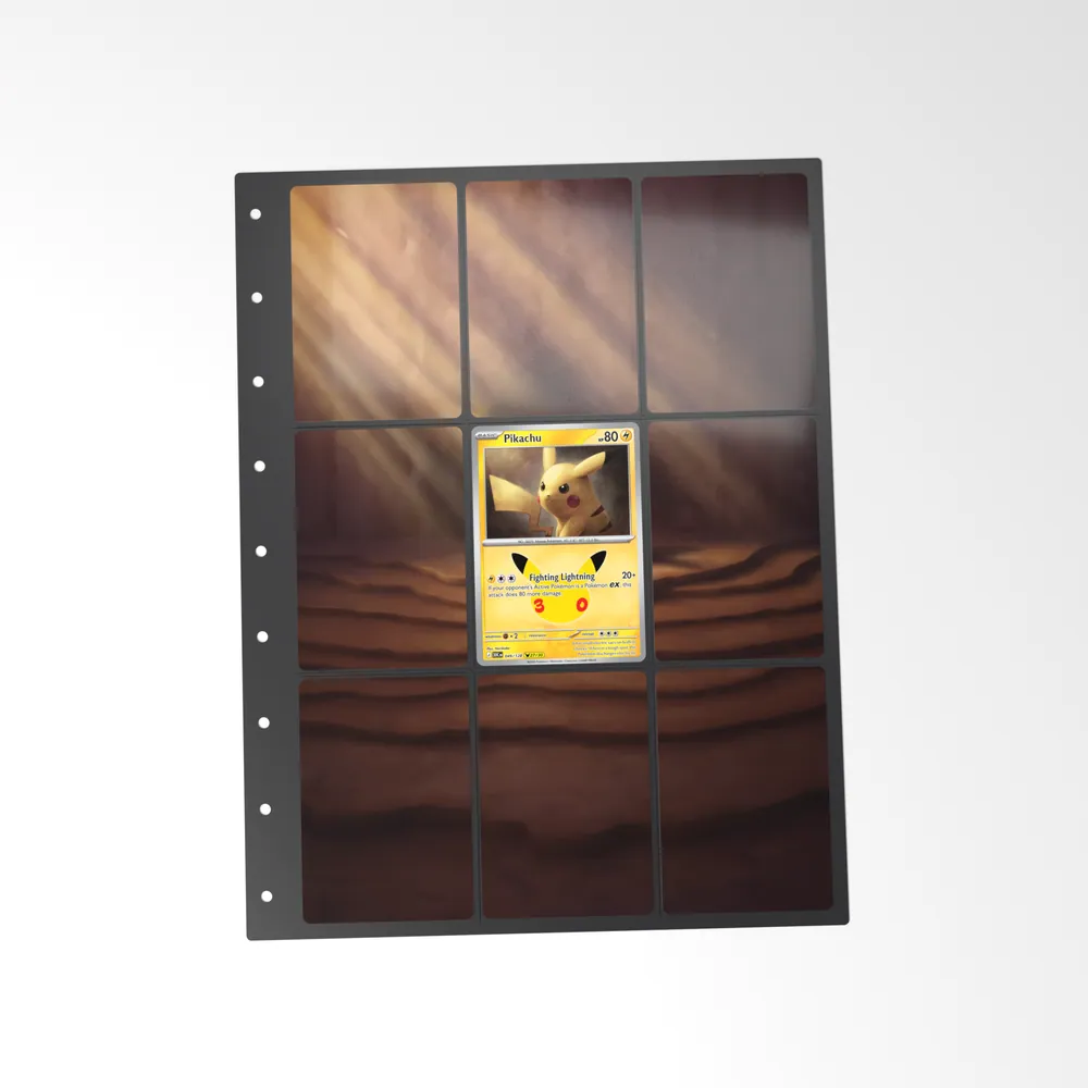 The printed Pikachu 49/128 set in a 9-pocket binder page, with the card in the centre pocket