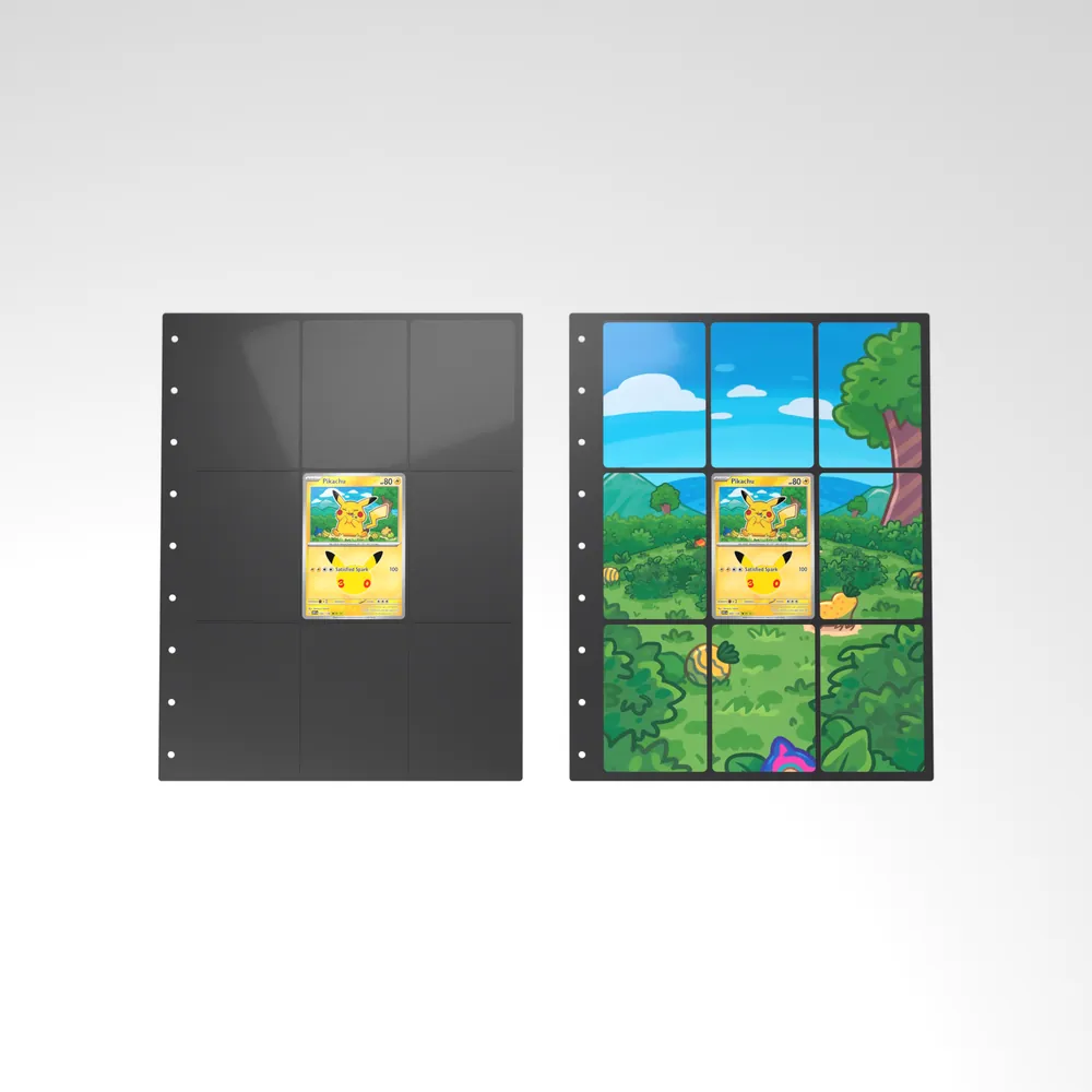 Before and after: the Pikachu card alone in an empty binder page, then surrounded by its eight extended-art cards