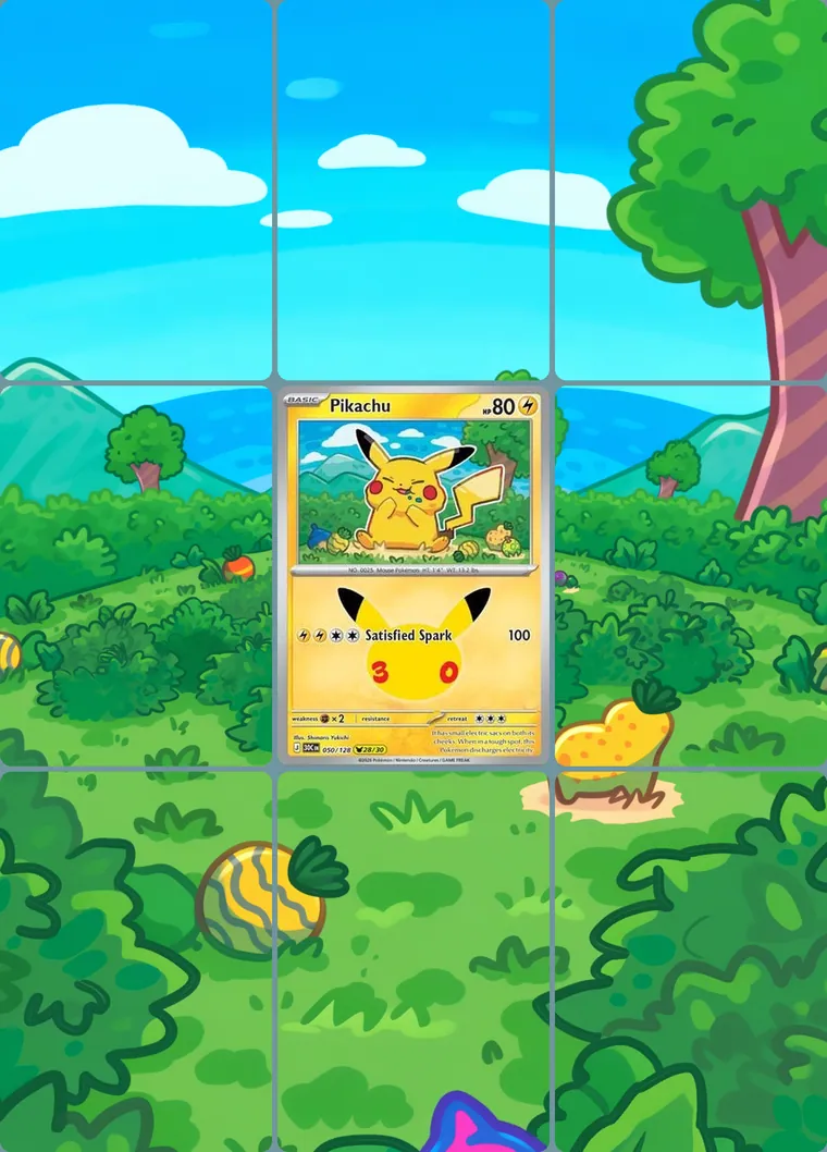 Pikachu 50/128 extended binder art: the card in the centre of a 3×3 binder page, its artwork continuing across the eight cards around it