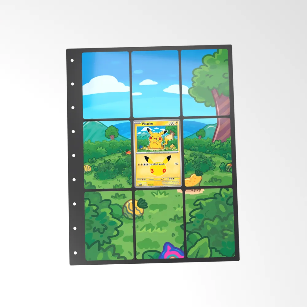 The printed Pikachu 50/128 set in a 9-pocket binder page, with the card in the centre pocket