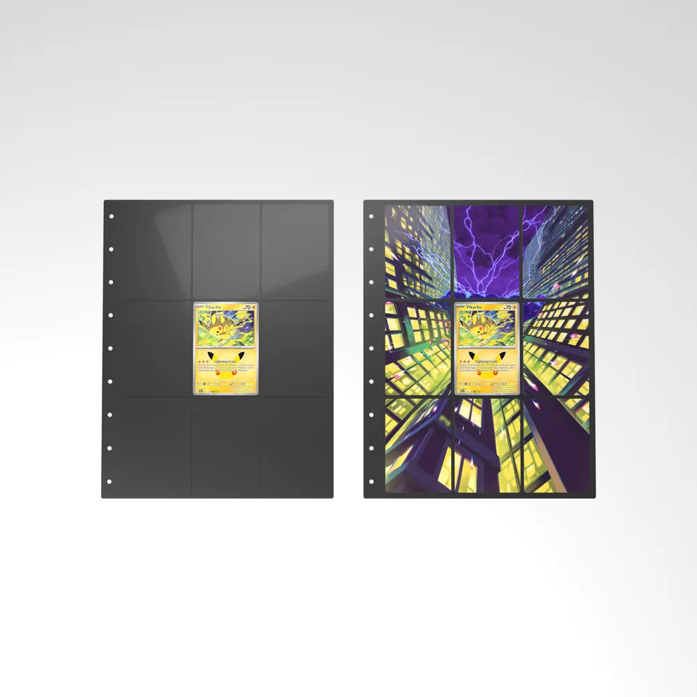 Before and after: the Pikachu card alone in an empty binder page, then surrounded by its eight extended-art cards