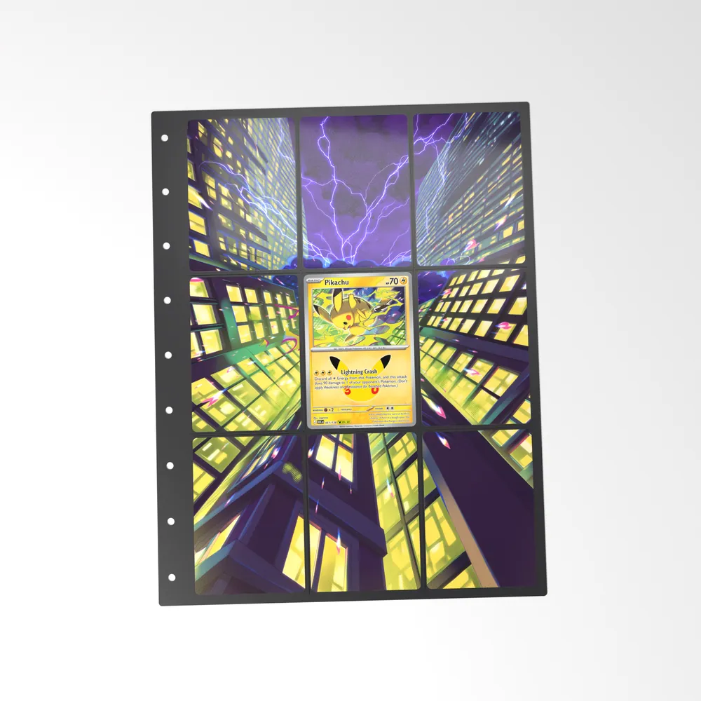The printed Pikachu 51/128 set in a 9-pocket binder page, with the card in the centre pocket