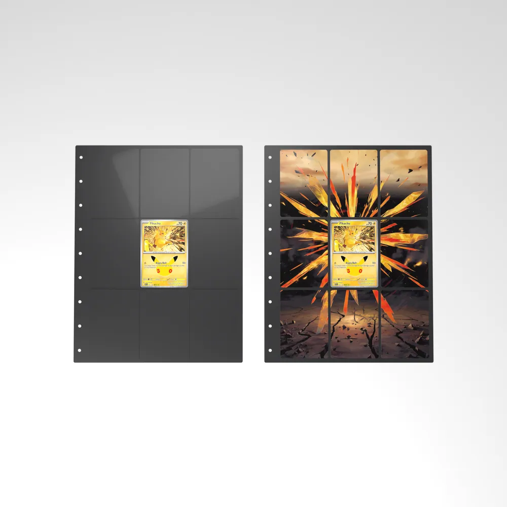 Before and after: the Pikachu card alone in an empty binder page, then surrounded by its eight extended-art cards