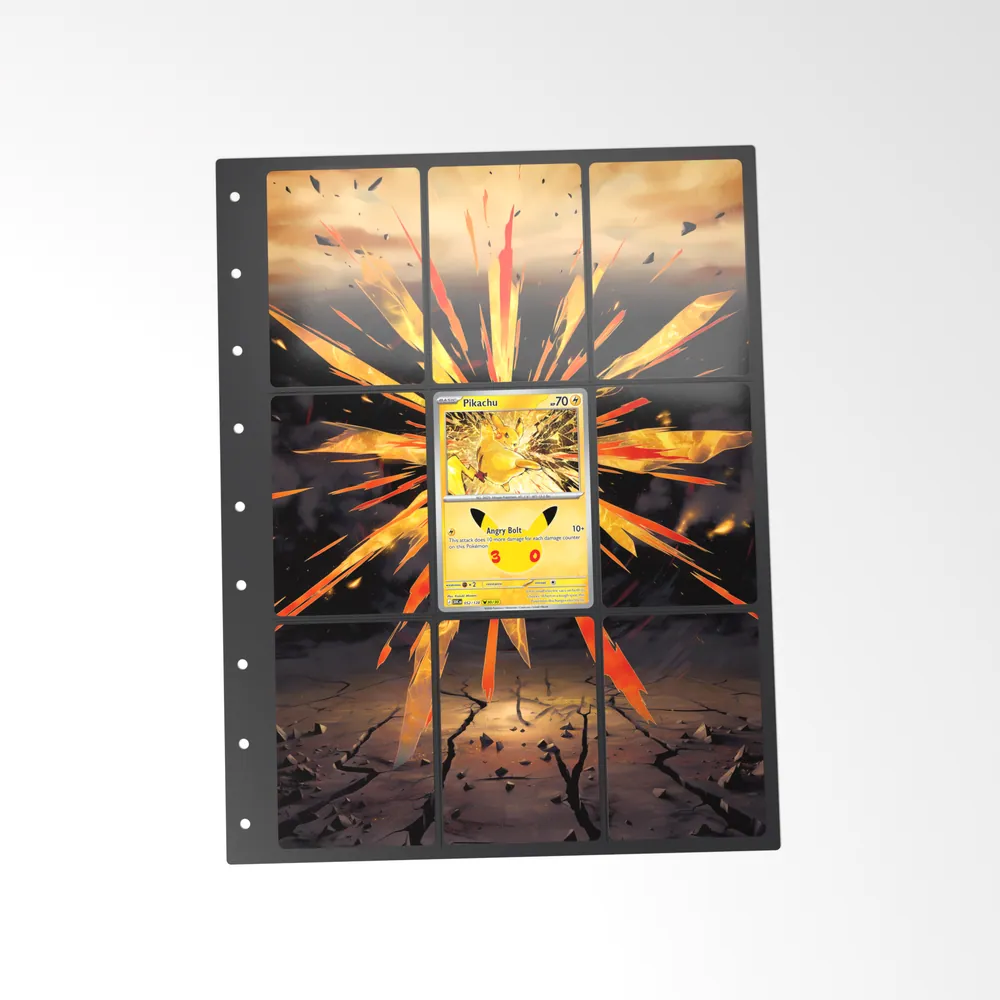 The printed Pikachu 52/128 set in a 9-pocket binder page, with the card in the centre pocket