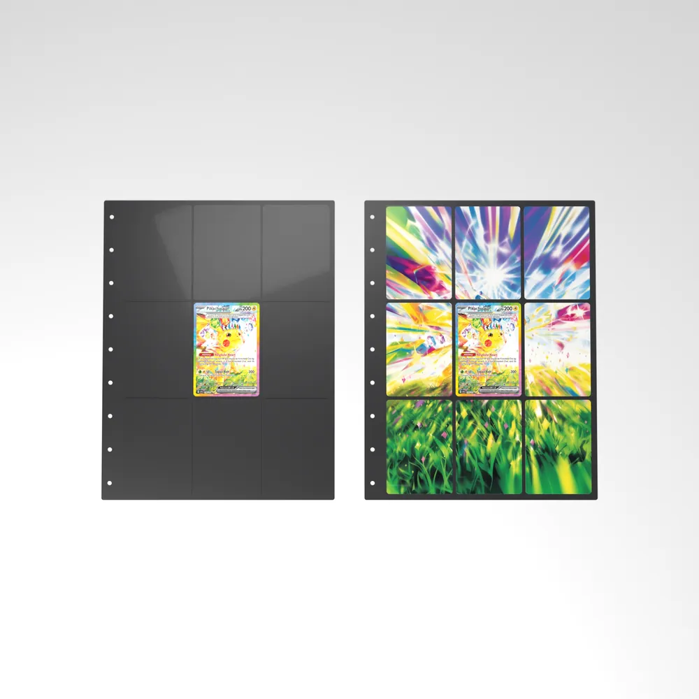 Before and after: the Pikachu ex card alone in an empty binder page, then surrounded by its eight extended-art cards