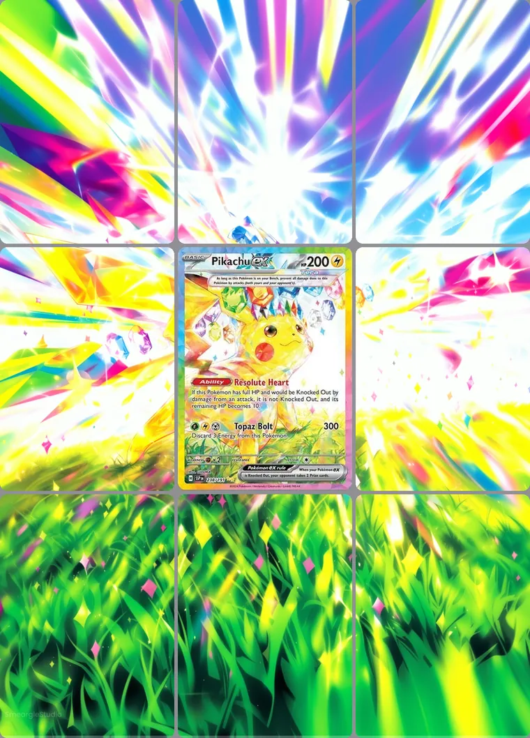 Pikachu ex 238/191 extended binder art: the card in the centre of a 3×3 binder page, its artwork continuing across the eight cards around it