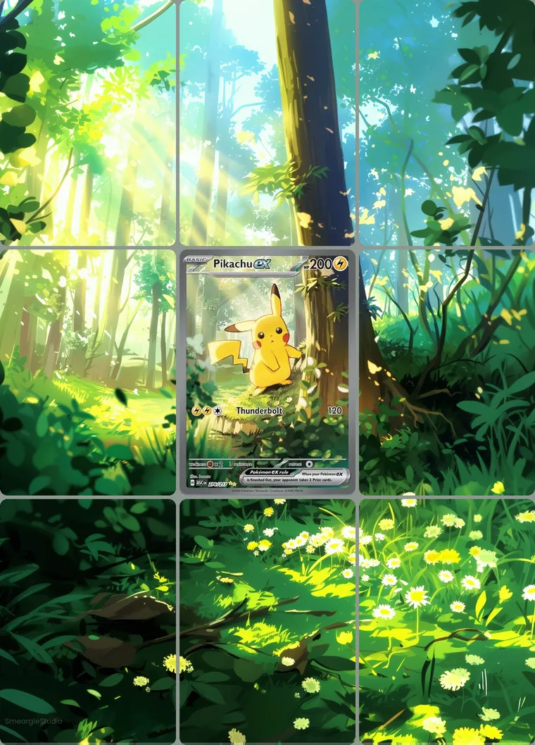 Pikachu ex 276/217 extended binder art: the card in the centre of a 3×3 binder page, its artwork continuing across the eight cards around it
