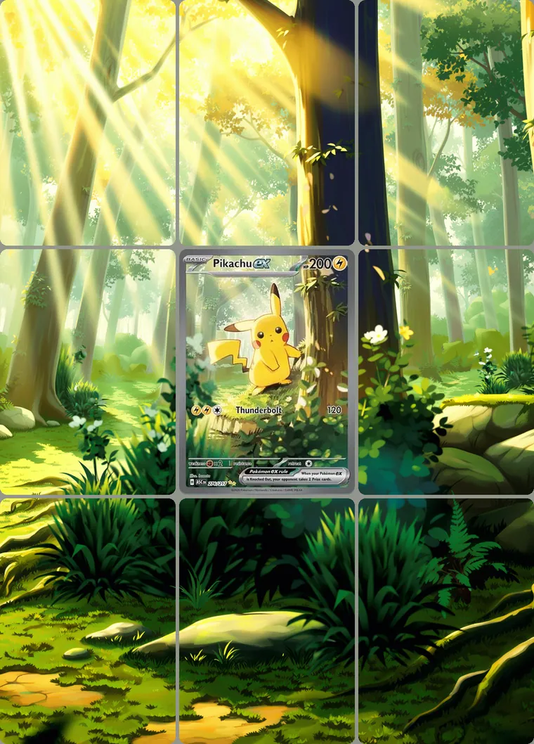 Pikachu ex 276/217 extended binder art: the card in the centre of a 3×3 binder page, its artwork continuing across the eight cards around it