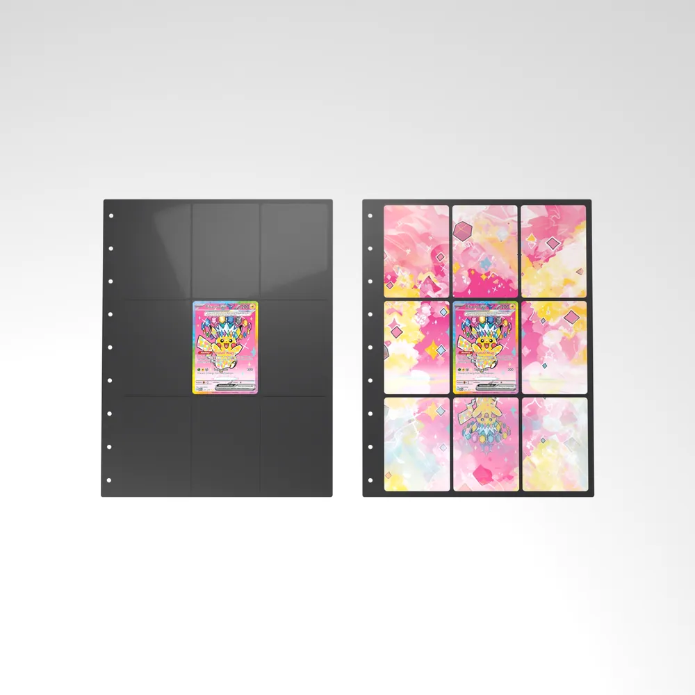 Before and after: the Pikachu ex card alone in an empty binder page, then surrounded by its eight extended-art cards