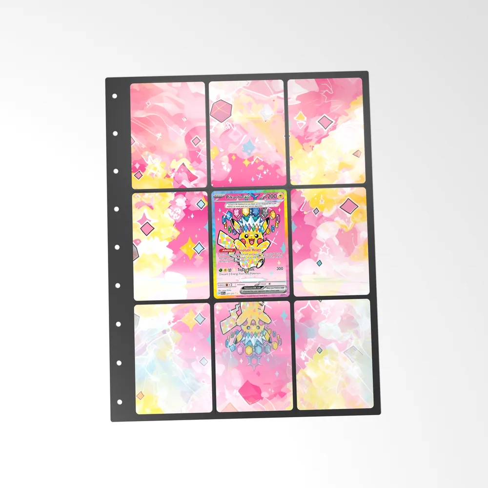 The printed Pikachu ex 277/217 set in a 9-pocket binder page, with the card in the centre pocket