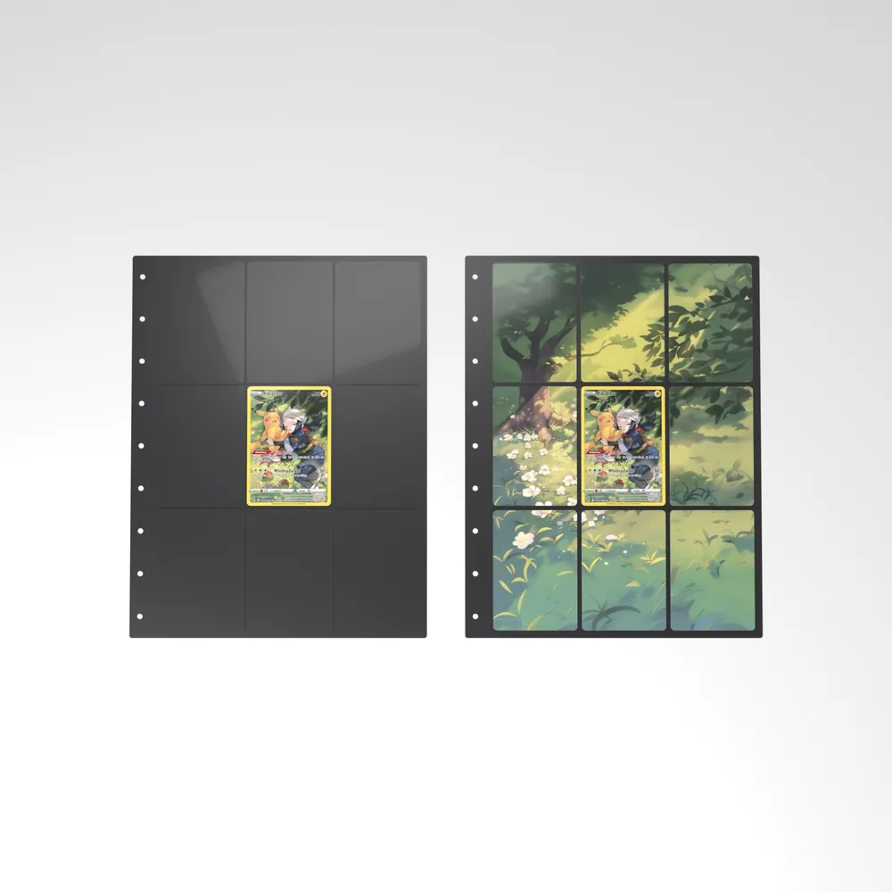 Before and after: the Pikachu card alone in an empty binder page, then surrounded by its eight extended-art cards
