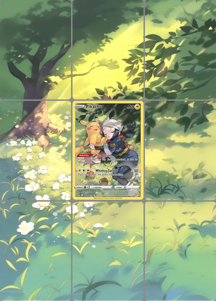 Pikachu TG05/TG30 extended binder art: the card in the centre of a 3×3 binder page, its artwork continuing across the eight cards around it
