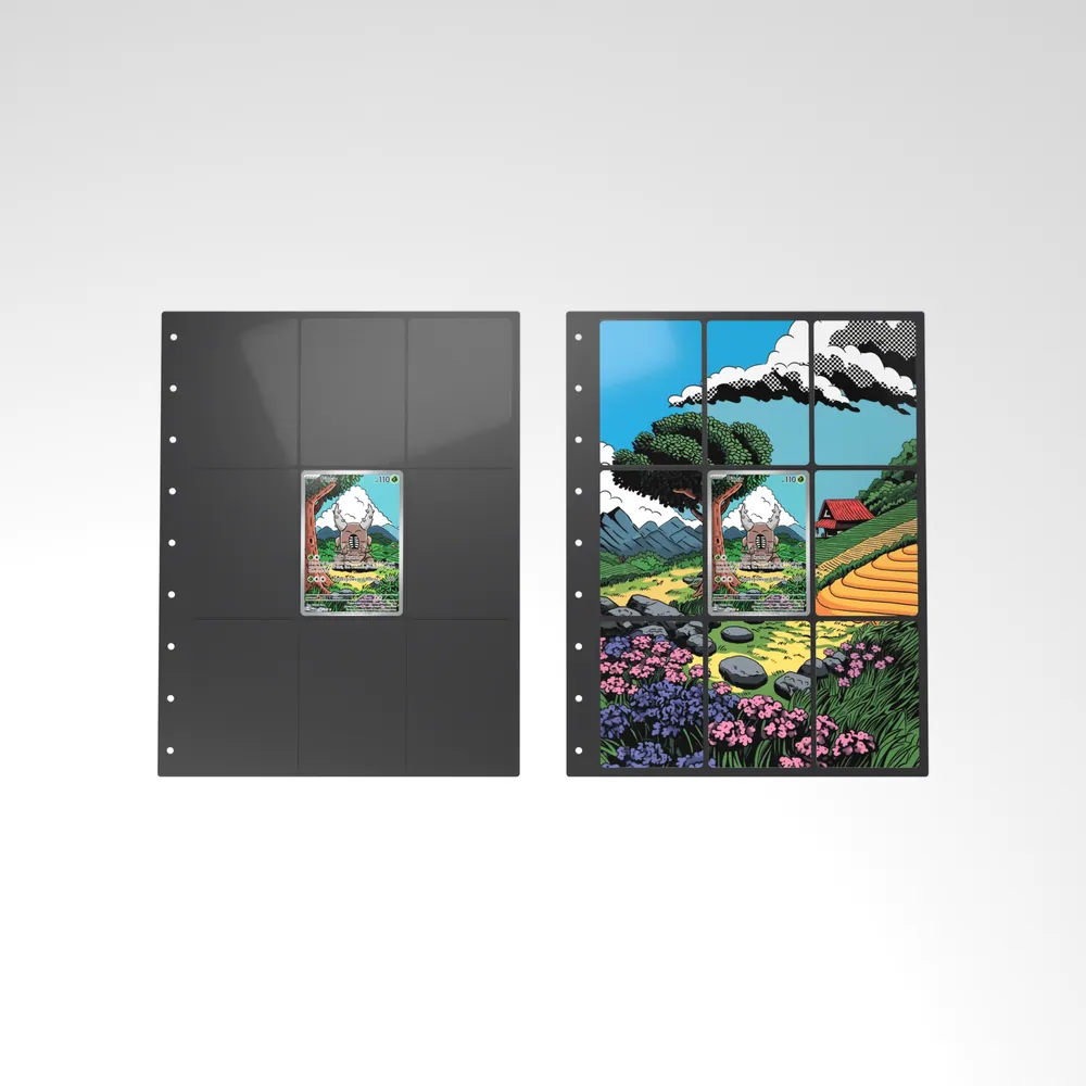 Before and after: the Pinsir card alone in an empty binder page, then surrounded by its eight extended-art cards