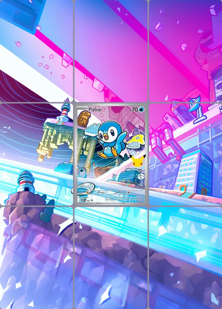 Piplup 42 extended binder art: the card in the centre of a 3×3 binder page, its artwork continuing across the eight cards around it