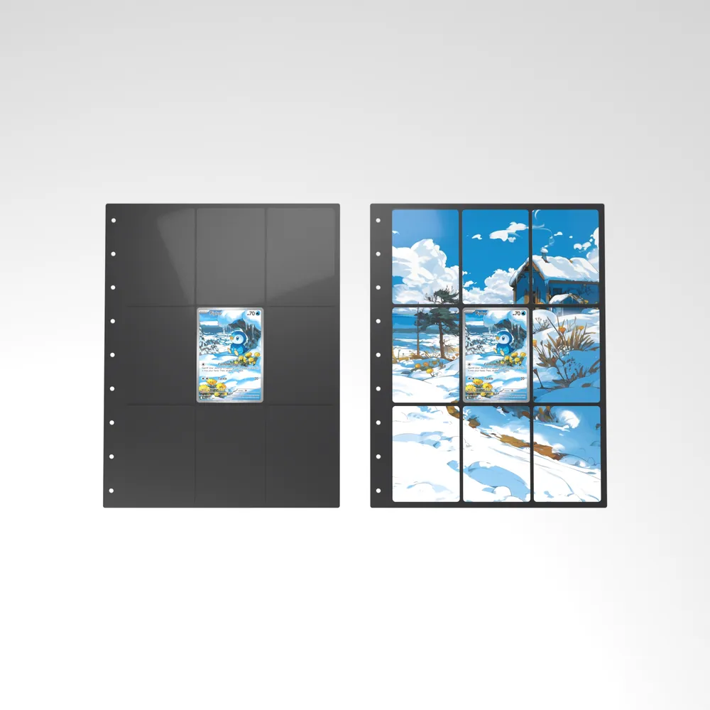 Before and after: the Piplup card alone in an empty binder page, then surrounded by its eight extended-art cards