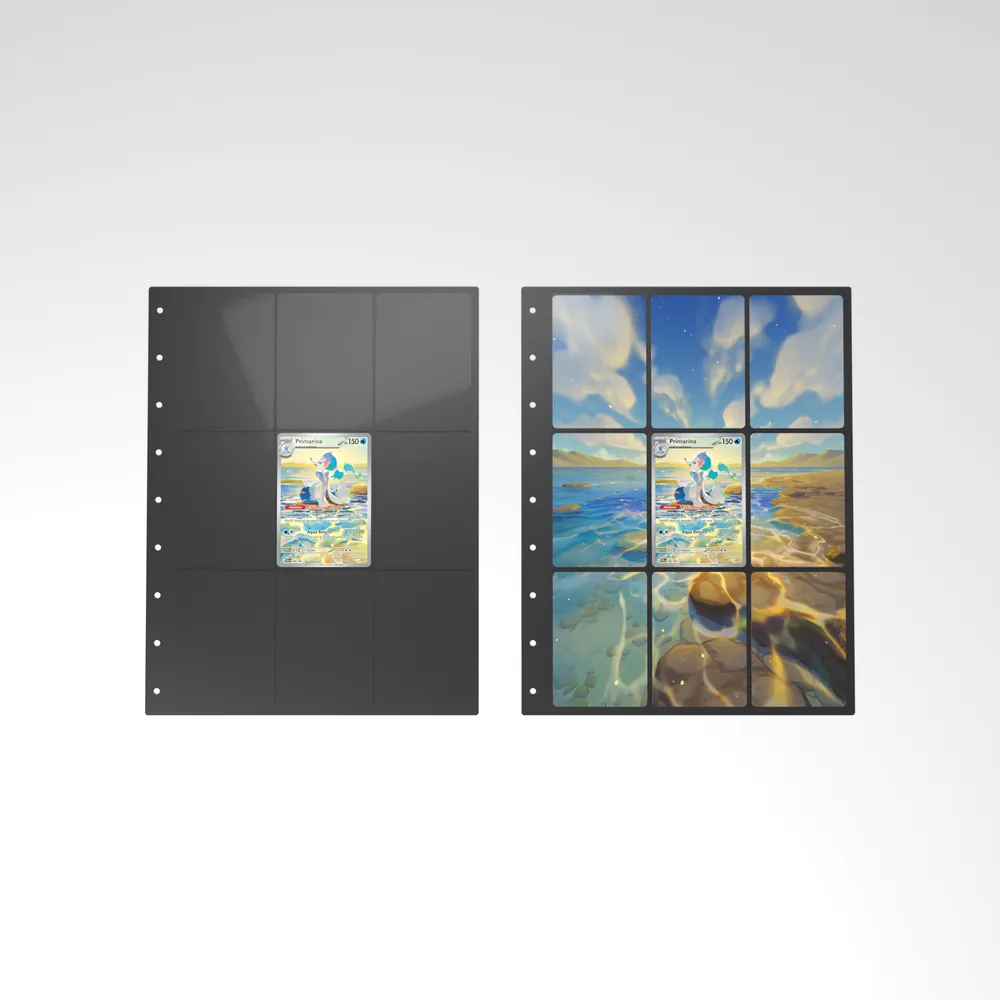 Before and after: the Primarina card alone in an empty binder page, then surrounded by its eight extended-art cards