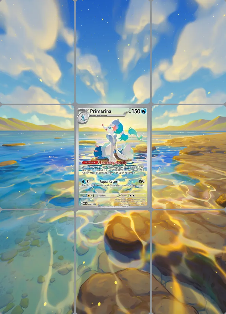 Primarina 88/84 extended binder art: the card in the centre of a 3×3 binder page, its artwork continuing across the eight cards around it