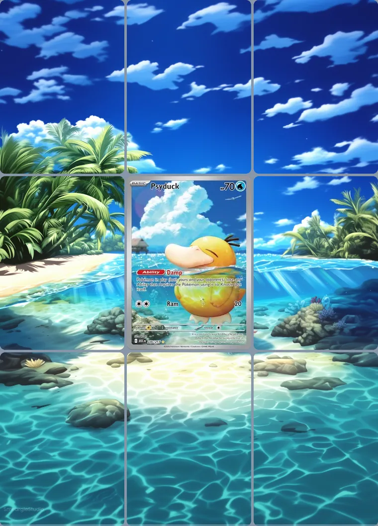 Psyduck 226/217 extended binder art: the card in the centre of a 3×3 binder page, its artwork continuing across the eight cards around it