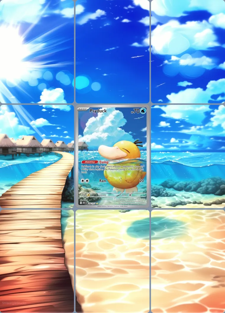 Psyduck 226/217 extended binder art: the card in the centre of a 3×3 binder page, its artwork continuing across the eight cards around it