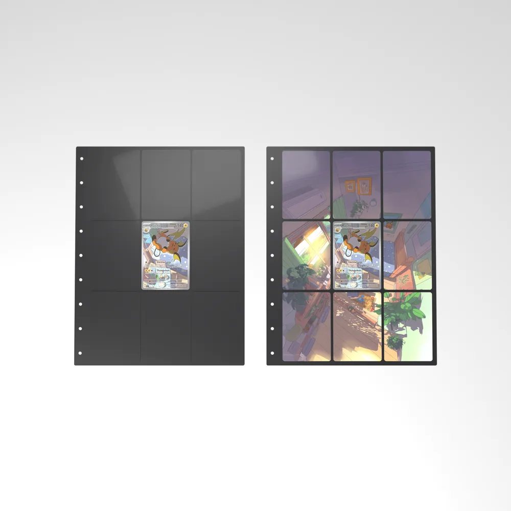 Before and after: the Raichu card alone in an empty binder page, then surrounded by its eight extended-art cards
