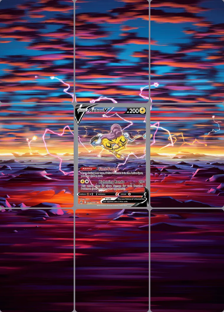 Raikou V GG41/GG70 extended binder art: the card in the centre of a 3×3 binder page, its artwork continuing across the eight cards around it