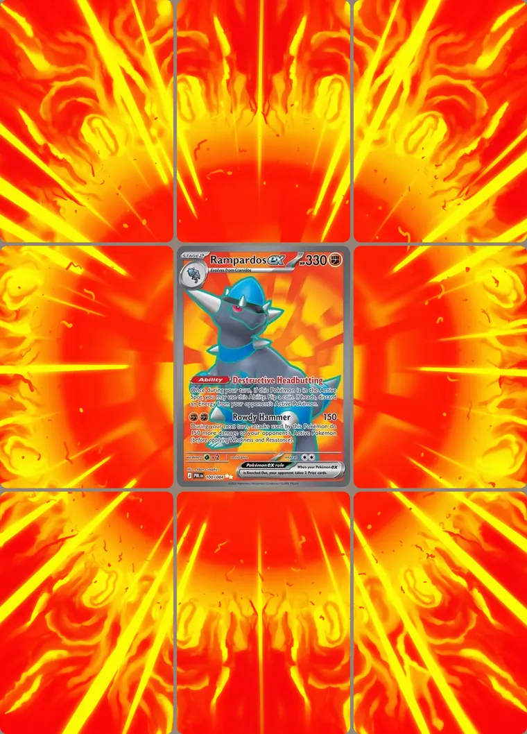 Rampardos ex 100/84 extended binder art: the card in the centre of a 3×3 binder page, its artwork continuing across the eight cards around it