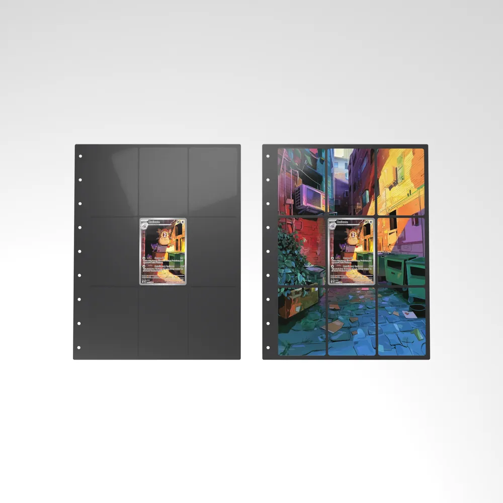 Before and after: the Raticate card alone in an empty binder page, then surrounded by its eight extended-art cards
