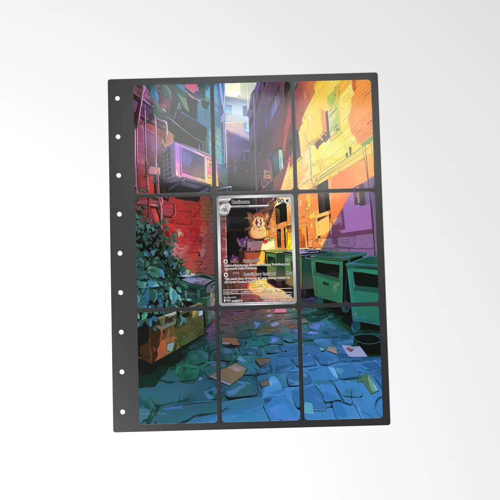 The printed Raticate 99/88 set in a 9-pocket binder page, with the card in the centre pocket