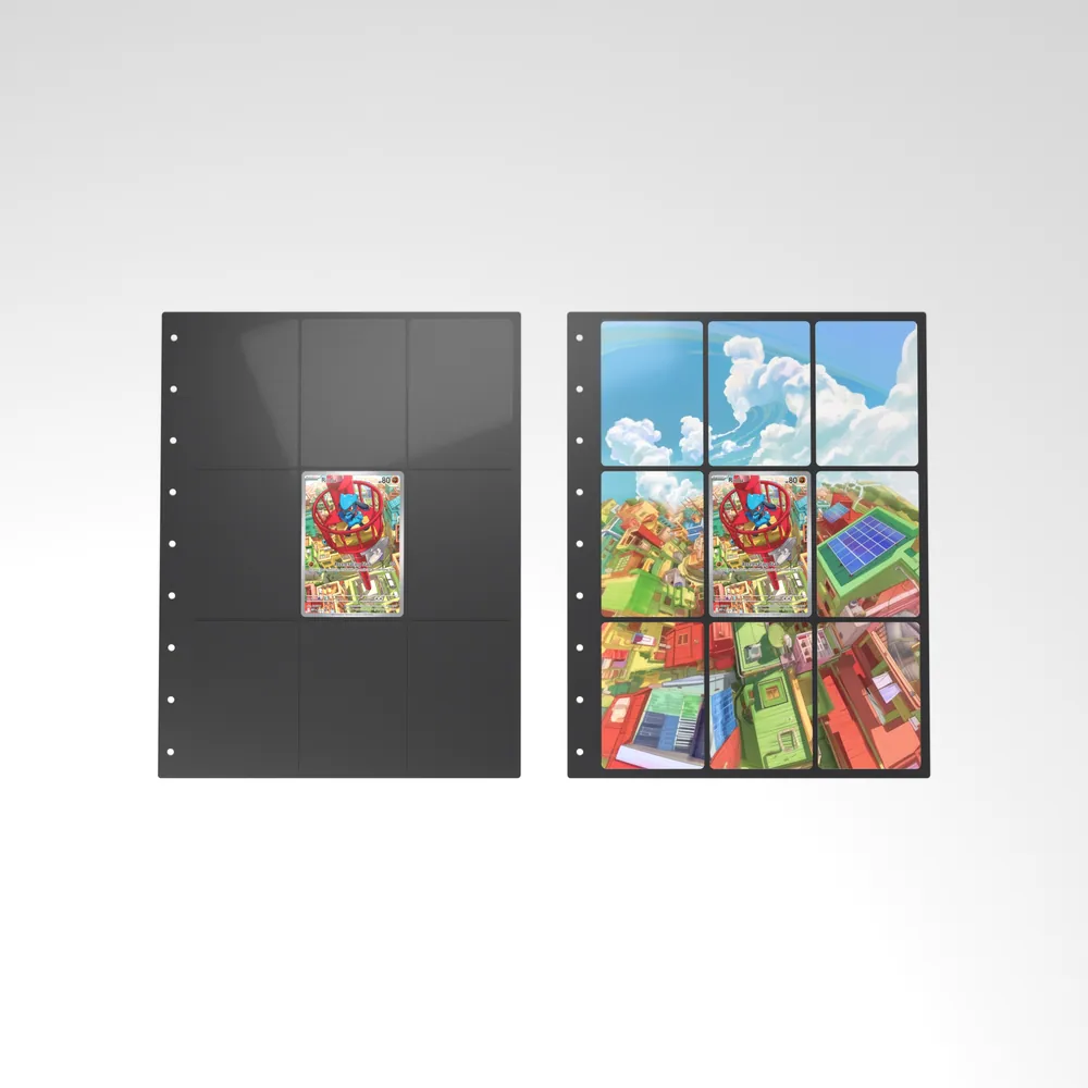 Before and after: the Riolu card alone in an empty binder page, then surrounded by its eight extended-art cards