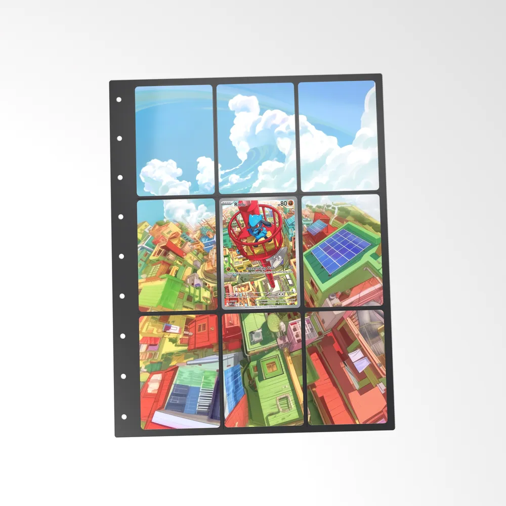 The printed Riolu 10 set in a 9-pocket binder page, with the card in the centre pocket