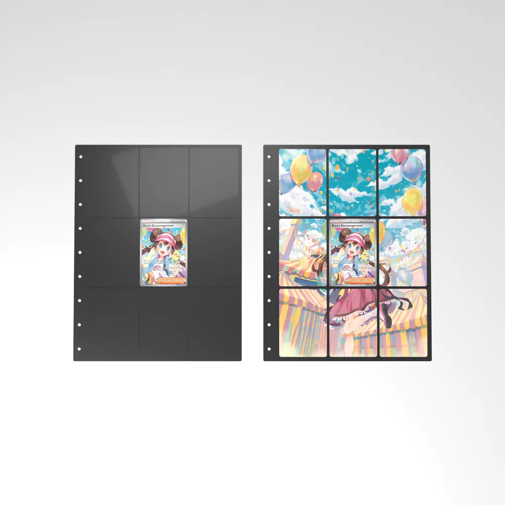 Before and after: the Rosa's Encouragement card alone in an empty binder page, then surrounded by its eight extended-art cards