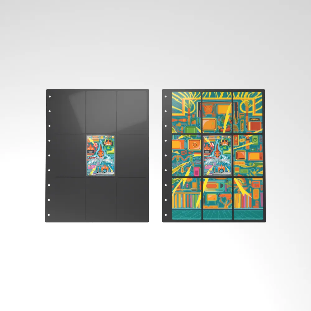 Before and after: the Rotom ex card alone in an empty binder page, then surrounded by its eight extended-art cards