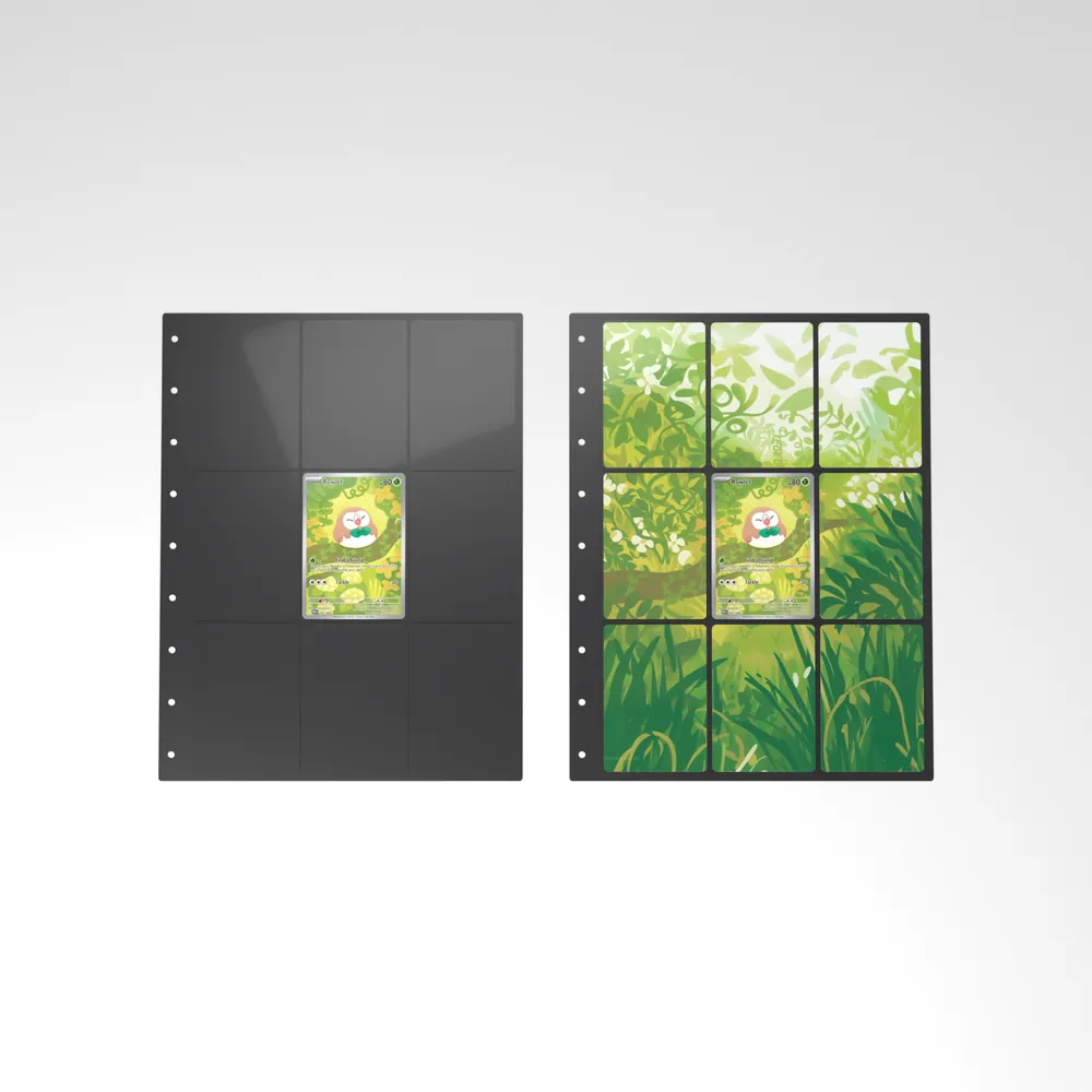 Before and after: the Rowlet card alone in an empty binder page, then surrounded by its eight extended-art cards