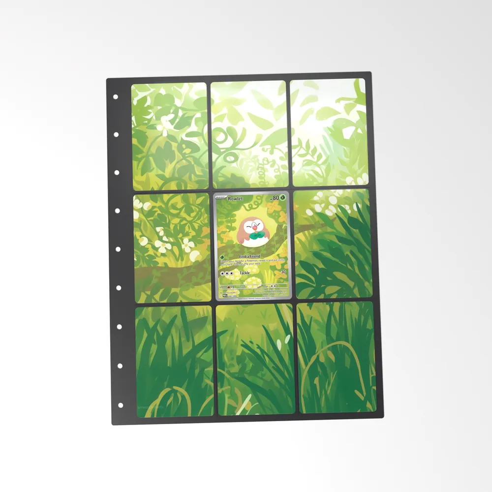 The printed Rowlet 90/88 set in a 9-pocket binder page, with the card in the centre pocket