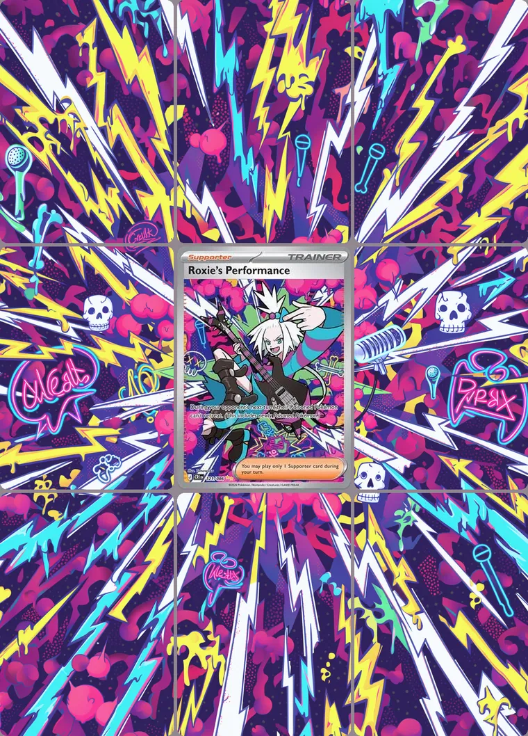 Roxie's Performance 121 extended binder art: the card in the centre of a 3×3 binder page, its artwork continuing across the eight cards around it