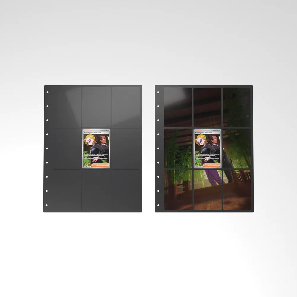 Before and after: the Rust Syndicate Grunt card alone in an empty binder page, then surrounded by its eight extended-art cards