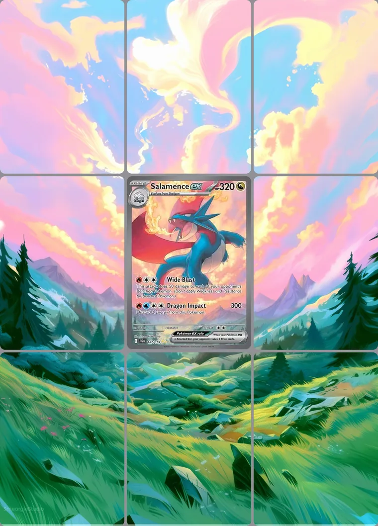 Salamence ex 187/159 extended binder art: the card in the centre of a 3×3 binder page, its artwork continuing across the eight cards around it